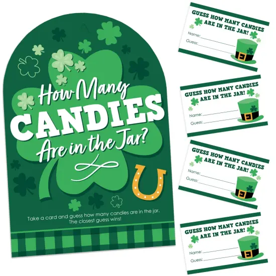 Big Dot of Happiness Shamrock St. Patrick's Day - How Many Candies Saint Paddy&rsquo;s Day Party Game - 1 Stand and 40 Cards - Candy Guessing Game {1}