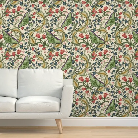 Peel & Stick Wallpaper 2FT Wide Victorian Luna Moth Arts And Crafts Pollinators Art Nouveau Entomology Lepidoptera Custom Removable Wallpaper by Spoonflower {5}