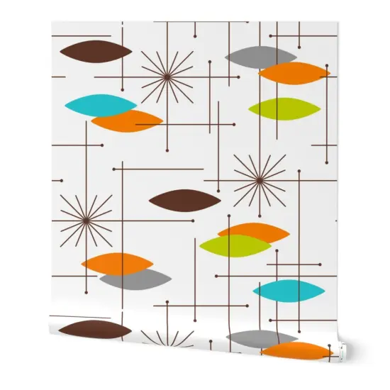 Peel & Stick Wallpaper 2FT Wide Mid Century Modern, Orbs, Large Scale, Starburst, Atomic, Mcm, Retro, Space Age, Brown, Burnt Orange, Blue, Lime Green Custom Removable Wallpaper by Spoonflower {7}