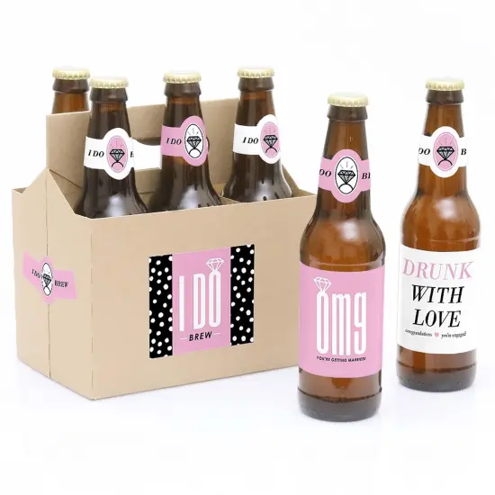 Big Dot of Happiness Omg, You're Getting Married - Engagement Party Decorations for Women - 6 Beer Bottle Label Stickers and 1 Carrier {1}
