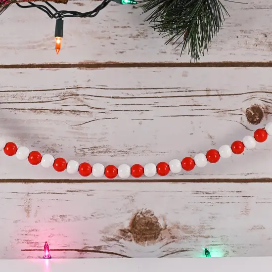 Ornativity Red and White Garland - Rustic Christmas Wooden Farmhouse Country Wood Beaded Home and Holiday Garland Tree Decorations Boho Strand of Beads {3}