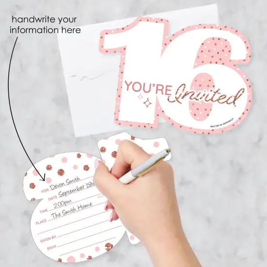 Big Dot of Happiness 16th Pink Rose Gold Birthday - Shaped Fill-In Invitations - Happy Birthday Party Invitation Cards with Envelopes - Set of 12 {3}