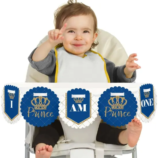 Big Dot of Happiness Royal Prince Charming 1st Birthday Highchair Decor - I Am One - First Birthday High Chair Banner {1}