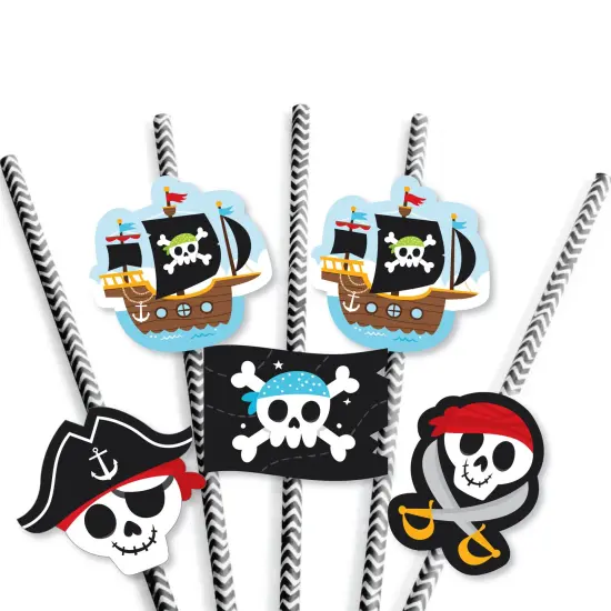 Big Dot of Happiness Pirate Ship Adventures - Paper Straw Decor - Skull Birthday Party Striped Decorative Straws - Set of 24 {7}