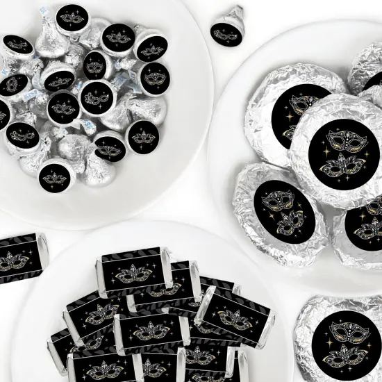 Big Dot of Happiness Masquerade - Mini Candy Bar Wrappers, Round Candy Stickers and Circle Stickers - Mask Party Candy Favor Sticker Kit - 304 Pieces {1}