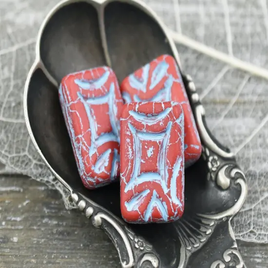 *6* 19x13mm Turquoise Washed Matte Opaque Red Rectangle Beads {2}