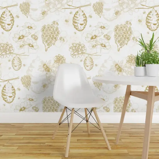 Peel & Stick Wallpaper 2FT Wide Yellow Flowers Mustard Bee Honey Toile Beehive Honeycomb Hexagon Pollen Beekeeper Handdrawn Modern Apiary Custom Removable Wallpaper by Spoonflower {1}