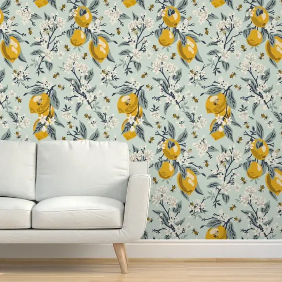 Peel & Stick Wallpaper 2FT Wide Mint Botanical Farmhouse Citrus Country Floral Rustic Modern Jumbo Scale Custom Removable Wallpaper by Spoonflower {5}