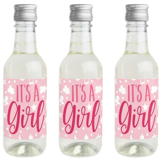 Big Dot of Happiness It's a Girl - Mini Wine and Champagne Bottle Label Stickers - Pink Baby Shower Favor Gift for Women and Men - Set of 16 {1}