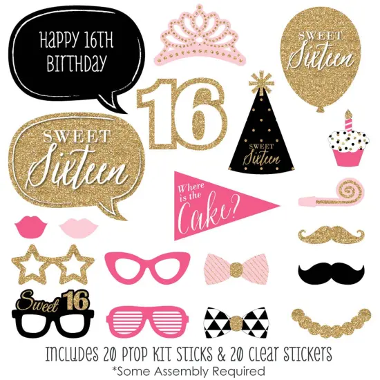 Big Dot of Happiness Chic 16th Birthday - Pink, Black and Gold - Photo Booth Props Kit - 20 Count {3}