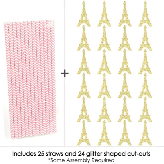 Big Dot of Happiness Gold Glitter Eiffel Tower Party Straws - No-Mess Real Glitter Cut-Outs & Baby Shower or Birthday Party Paper Straws - Set of 24 {6}
