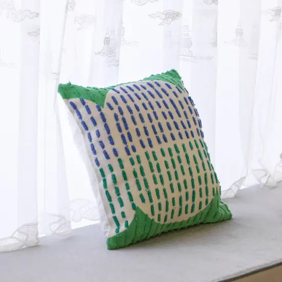 16" Handwoven Cotton Throw Pillow Cover with Ribbed Line Dots and Wave Border Blue with Cushion {11}