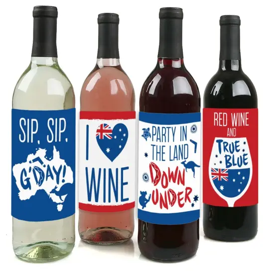 Big Dot of Happiness Australia Day - G'Day Mate Aussie Party Decorations for Women and Men - Wine Bottle Label Stickers - Set of 4 {1}