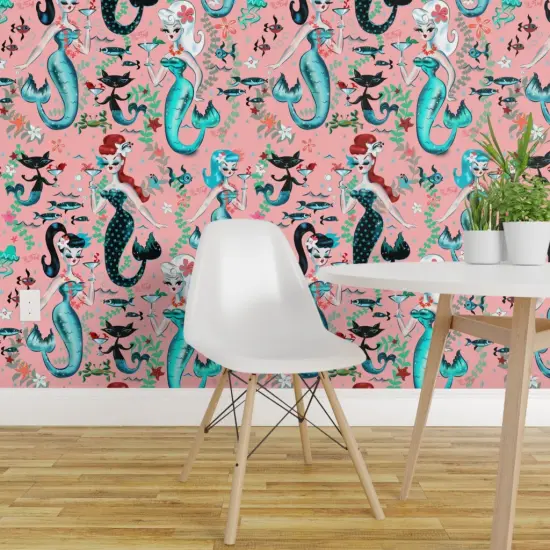 Peel & Stick Wallpaper 2FT Wide Martini Mermaids Coral Vintage Mermaid Retro Nautical Mid Century Ocean Princess Custom Removable Wallpaper by Spoonflower {1}