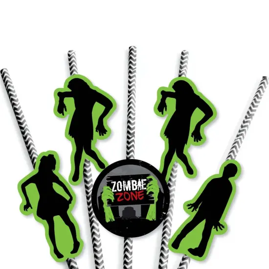 Big Dot of Happiness Zombie Zone - Paper Straw Decor - Halloween or Birthday Zombie Crawl Party Striped Decorative Straws - Set of 24 {7}