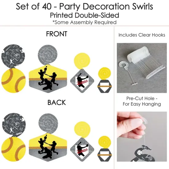 Big Dot of Happiness Grand Slam - Fastpitch Softball - Birthday Party or Baby Shower Hanging Decor - Party Decoration Swirls - Set of 40 {7}