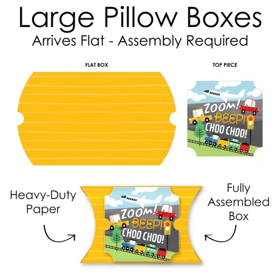 Big Dot of Happiness Cars, Trains, and Airplanes - Favor Gift Boxes - Transportation Birthday Party Large Pillow Boxes - Set of 12 {7}