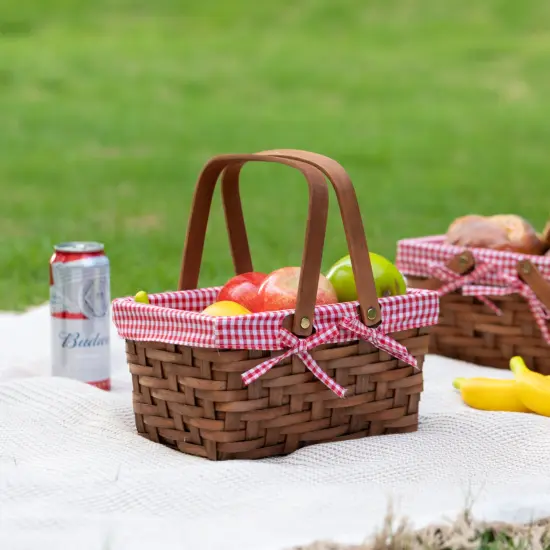 Wickerwise Small Rectangular Woodchip Picnic Baskets with Double Folding Handles, Natural Hand-Woven Basket Lined with Gingham Red and White Lining Great for Gifts. {2}