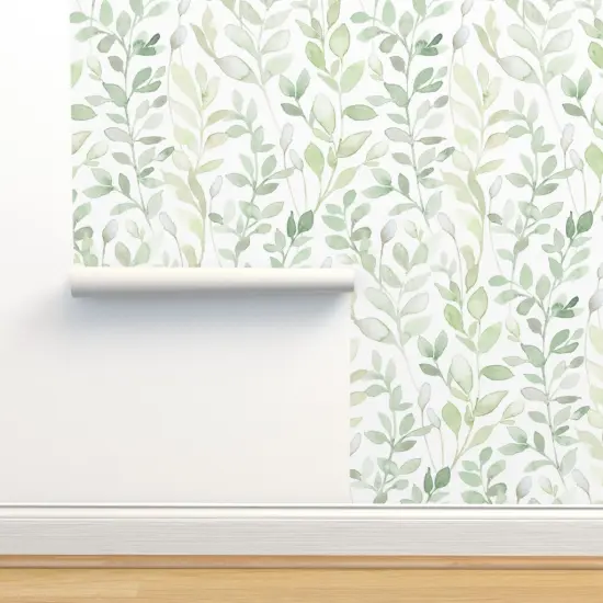 Peel & Stick Wallpaper 2FT Wide Soft Leaves White Green Leaves Nature Branches Forest Fresh Summer Large Scale Soft Midsummer Light Custom Removable Wallpaper by Spoonflower {2}
