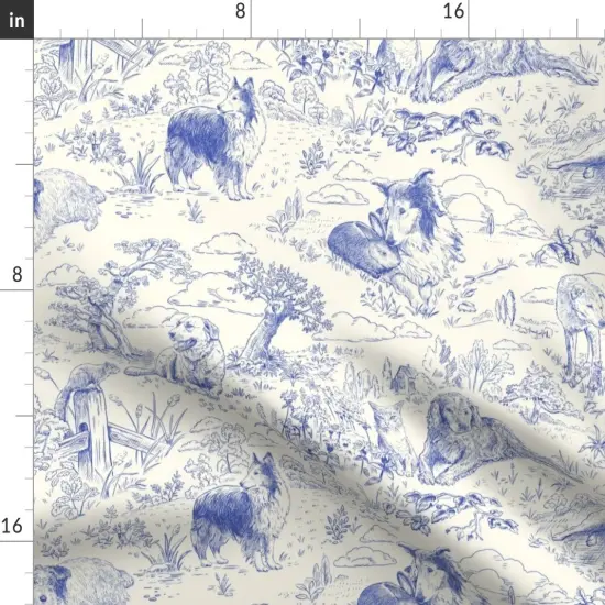 Various Fabrics by the Yard or Fat Quarter Blue Toile Country Style Hand Drawn Landscape Traditional Collie Toil Ecru Sheep Dog Australian Shepherd Shetland Custom Printed Fabric by Spoonflower {2}