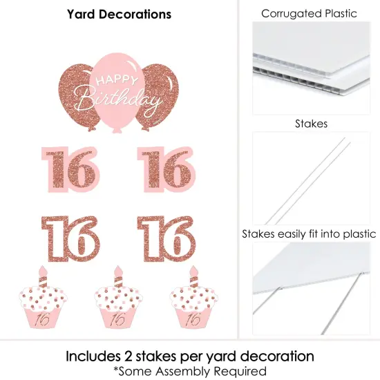 Big Dot of Happiness 16th Pink Rose Gold Birthday - Yard Sign and Outdoor Lawn Decorations - Happy Birthday Party Yard Signs - Set of 8 {6}