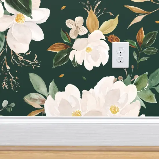 Pre-Pasted Wallpaper 2FT Wide Gold Floral Monstera Green Background Flower White Custom Pre-pasted Wallpaper by Spoonflower {4}