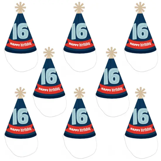 Big Dot of Happiness Boy 16th Birthday - Cone Happy Birthday Party Hats for Adults - Set of 8 (Standard Size) {7}