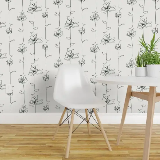 Pre-Pasted Wallpaper 2FT Wide Line Floral Black White Stripe Flowers Vines Modern Abstract Custom Pre-pasted Wallpaper by Spoonflower {1}