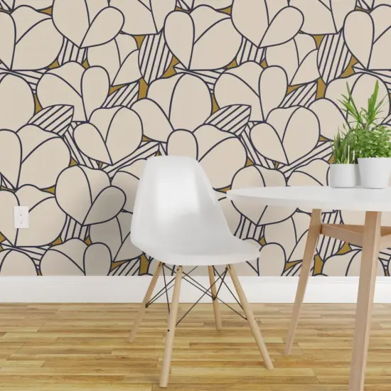 Peel & Stick Wallpaper 2FT Wide Modern Flower Tulip Floral Geometric Art Deco Beige Navy Bold Lines Feminine Large Scale Ginger Ochre Custom Removable Wallpaper by Spoonflower {1}