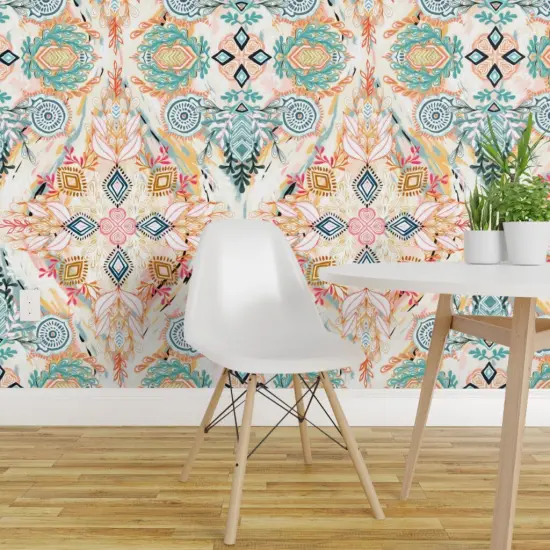 Peel & Stick Wallpaper 2FT Wide Spring Small Print Painted Bohemian Diamond Boho Doodle Pastels Modern Custom Removable Wallpaper by Spoonflower {1}