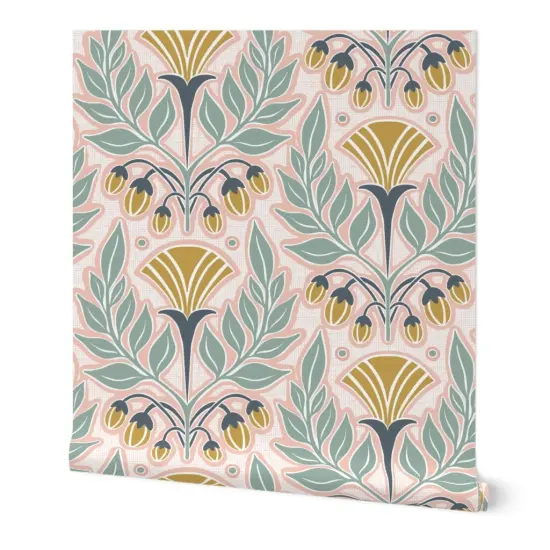 Peel & Stick Wallpaper 2FT Wide Blush Pink Art Nouveau Floral Scale Flowers Gold Mustard Spring Vintage Custom Removable Wallpaper by Spoonflower {7}