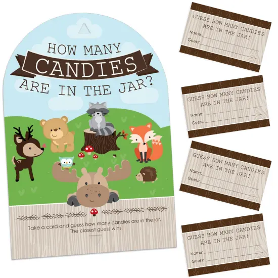 Big Dot of Happiness Woodland Creatures - How Many Candies Baby Shower or Birthday Party Game - 1 Stand and 40 Cards - Candy Guessing Game {1}