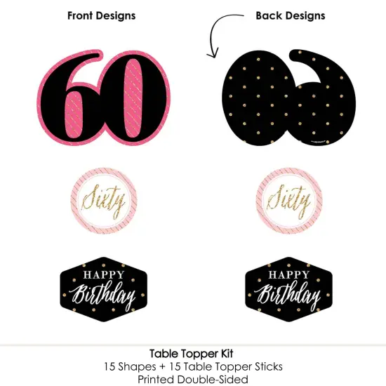 Big Dot of Happiness Chic 60th Birthday - Pink, Black and Gold - Birthday Party Centerpiece Sticks - Table Toppers - Set of 15 {6}