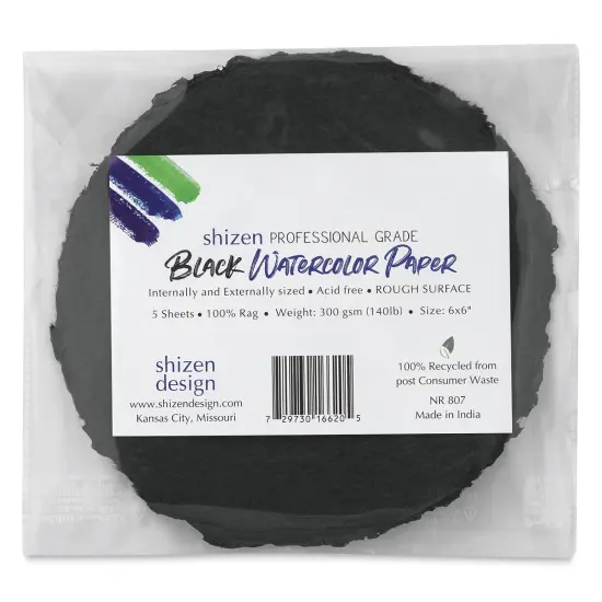 Shizen Black Watercolor Paper - 6" Round, Cold Press/Rough, 5 Sheet Pkg {1}