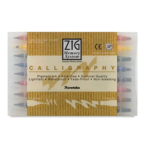 Kuretake Zig Memory System Twin Tip Calligraphy Markers - Set of 8, 2.0 mm/5.0 mm Tips {1}