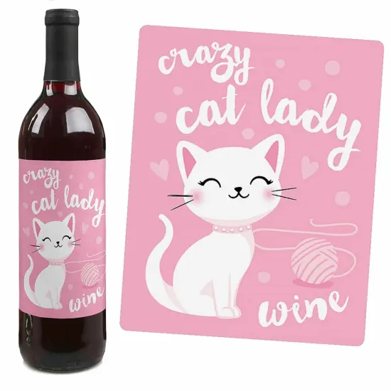 Big Dot of Happiness Purr-fect Kitty Cat - Kitten Meow Birthday Party Decorations for Women and Men - Wine Bottle Label Stickers - Set of 4 {7}