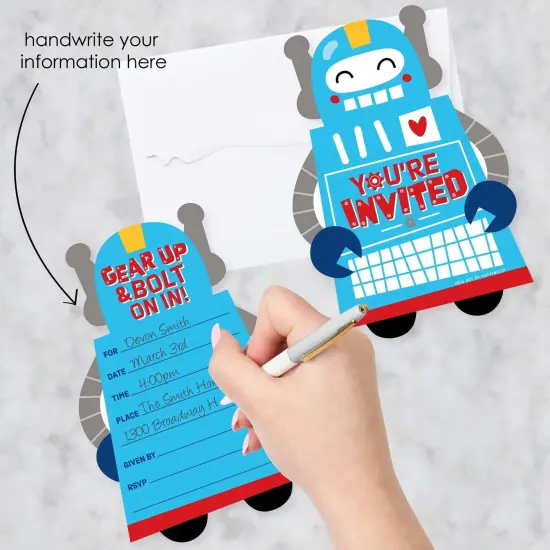 Big Dot of Happiness Gear Up Robots - Shaped Fill-In Invitations - Birthday Party or Baby Shower Invitation Cards with Envelopes - Set of 12 {3}