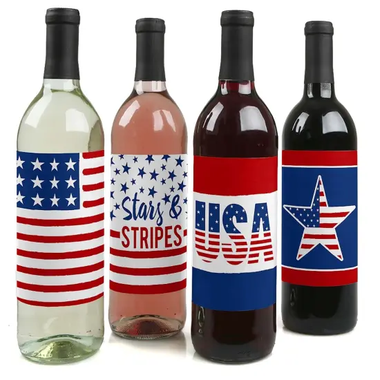 Big Dot of Happiness Stars and Stripes - Memorial Day, 4th of July & Labor Day USA Patriotic Party Decorations - Wine Bottle Label Stickers - Set of 4 {1}