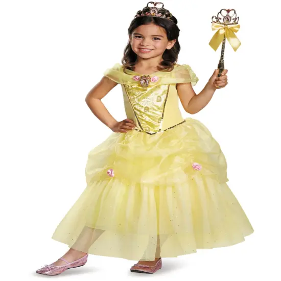Child's Girls Disney Deluxe Belle Beauty And The Beast Ball Gown Dress Costume {1}
