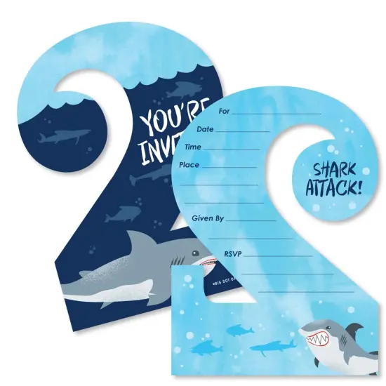 Big Dot of Happiness 2nd Birthday Shark Zone - Shaped Fill-in Invites - Jawsome Second Birthday Party Invitation Cards with Envelopes - Set of 12 {1}