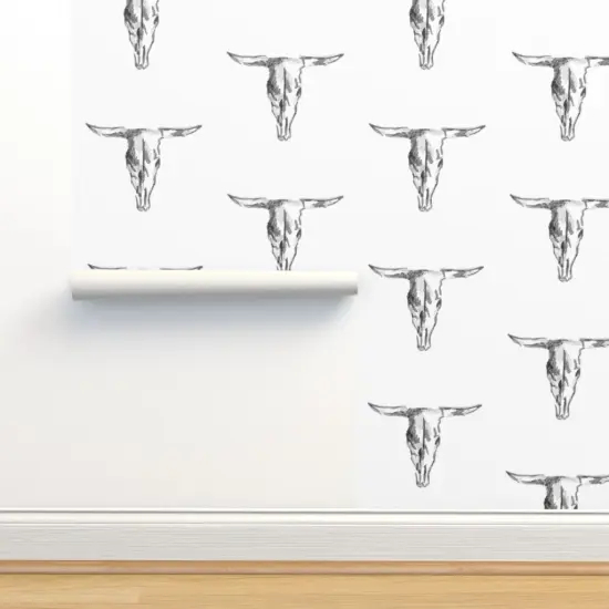 Peel & Stick Wallpaper 2FT Wide Cow Skull Bull Black And White Western Cowboy Rustic Custom Removable Wallpaper by Spoonflower {2}