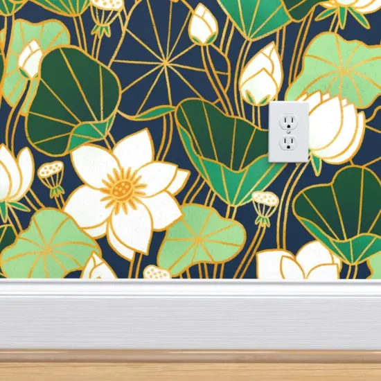 Peel & Stick Wallpaper 2FT Wide Lotus Flowers Lily Pad Art Nouveau Vintage Style Nature Victorian Custom Removable Wallpaper by Spoonflower {5}