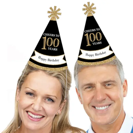 Big Dot of Happiness Adult 100th Birthday - Gold - Cone Birthday Party Hats for Adults - Set of 8 (Standard Size) {3}