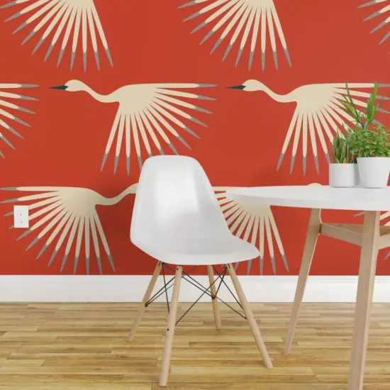 Pre-Pasted Wallpaper 2FT Wide 1920S Art Deco Swan Crane Bird Flock Migrate Fly Sunburst Fan Animal Air Formation Flight Orange Red Gray Cream Vermilion Long Neck Wings Custom Pre-pasted Wallpaper by Spoonflower {1}