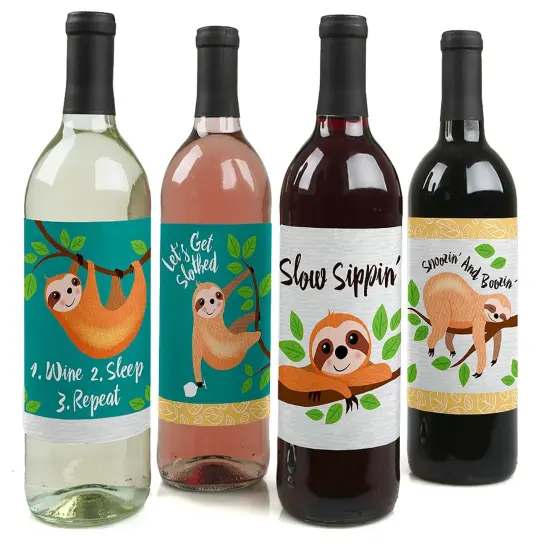 Big Dot of Happiness Let's Hang - Sloth - Baby Shower or Birthday Party Decorations for Women and Men - Wine Bottle Label Stickers - Set of 4 {1}