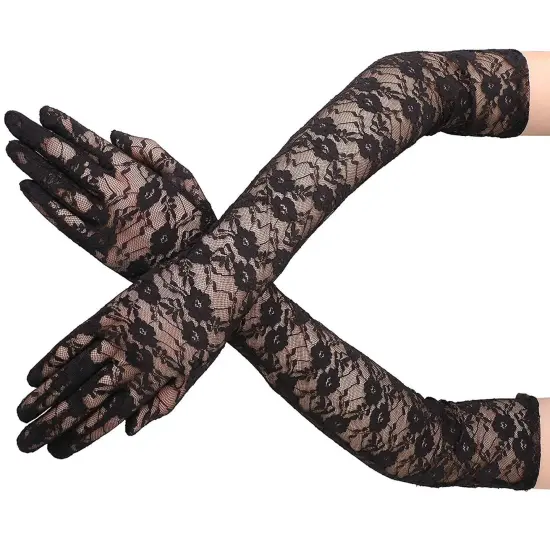 Elegant Lace Elbow Gloves - 1920s Fashion Opera Length Tea Party Black Wedding Gloves {3}
