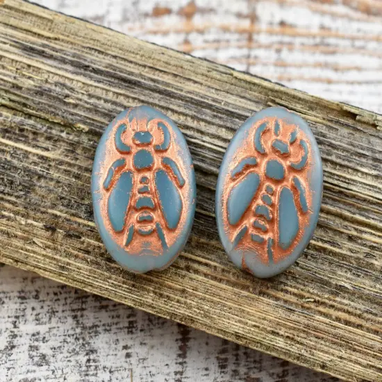 *4* 22x18mm Copper Washed Denim Blue Silk Bumblebee Oval Beads {5}