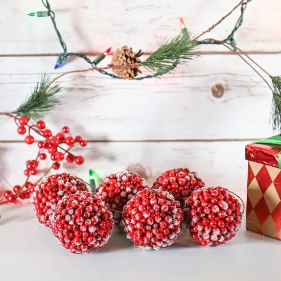 Ornativity Frosted Red Berries Ornaments - Glittered White Snowflakes on Realistic Red Cranberry Berries Ball Ornament with Rustic Twine String Christmas Tree Decoration Set - Pack of 12 {4}