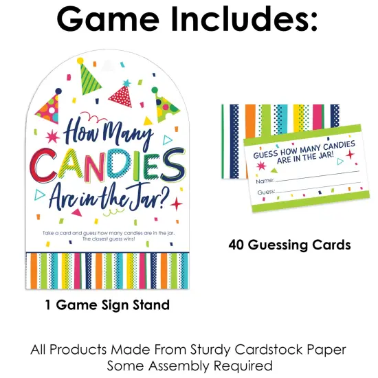 Big Dot of Happiness Cheerful Happy Birthday - How Many Candies Colorful Birthday Party Game - 1 Stand and 40 Cards - Candy Guessing Game {4}
