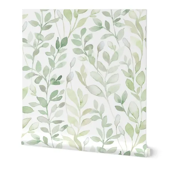 Peel & Stick Wallpaper 2FT Wide Soft Leaves White Green Leaves Nature Branches Forest Fresh Summer Large Scale Soft Midsummer Light Custom Removable Wallpaper by Spoonflower {7}